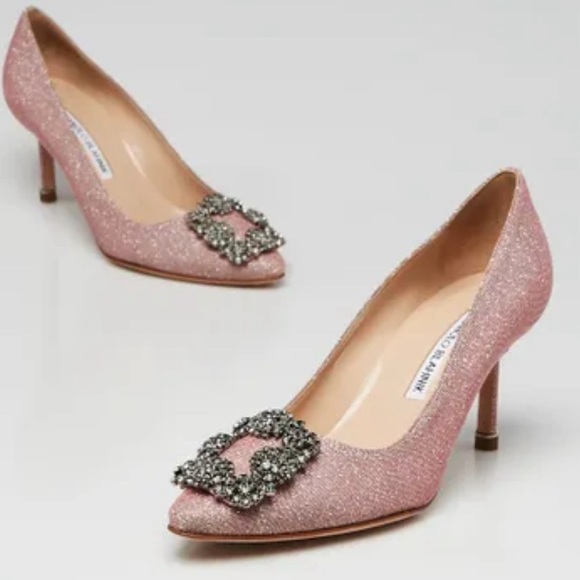 Manolo Blahnik Shoes - Manolo Blahnik Pink Glitter Fabric And Crystal Buckle Hangisi 70 Pumps Size 39